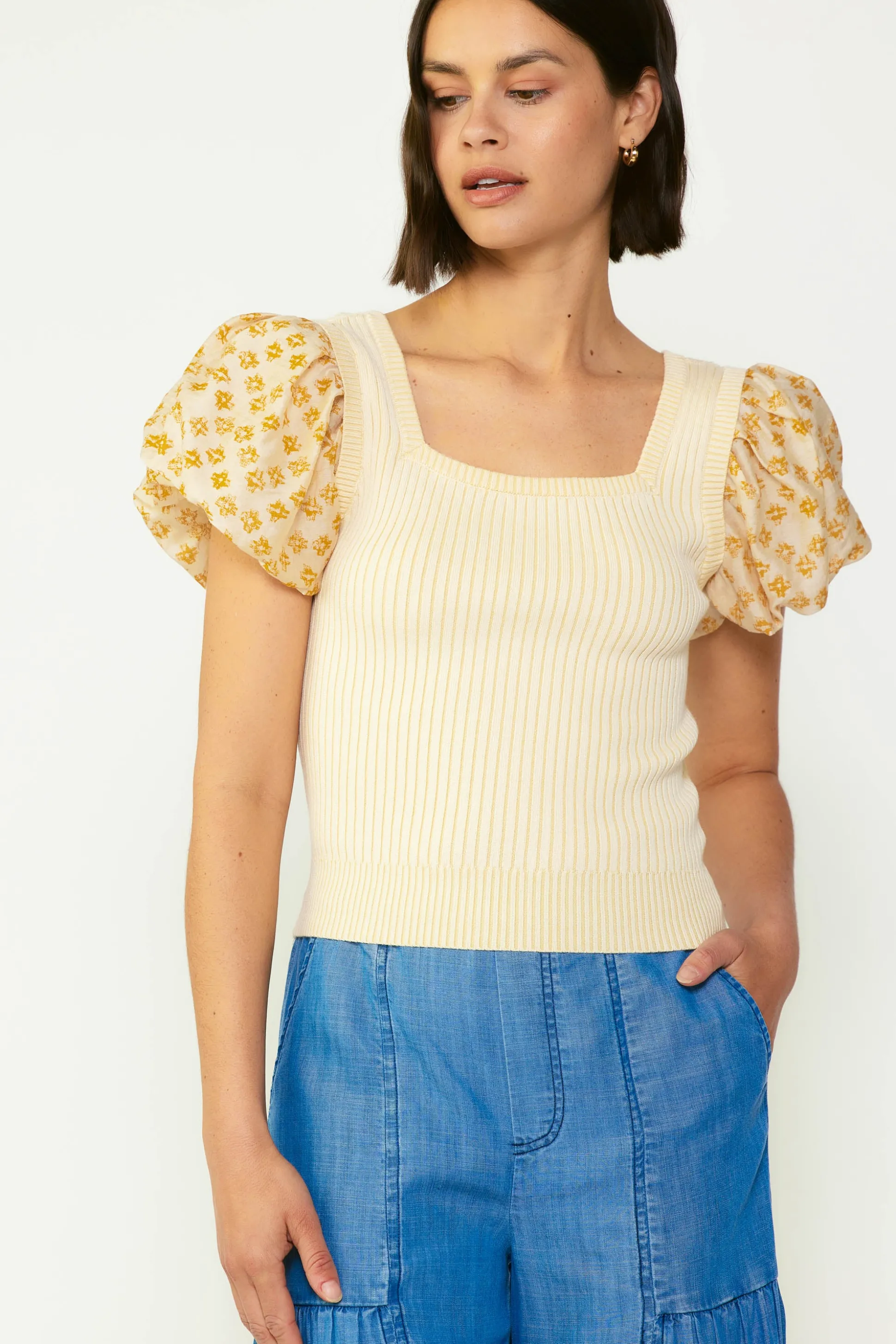 Constrast Puff Sleeve Sweater Top<Current Air Online