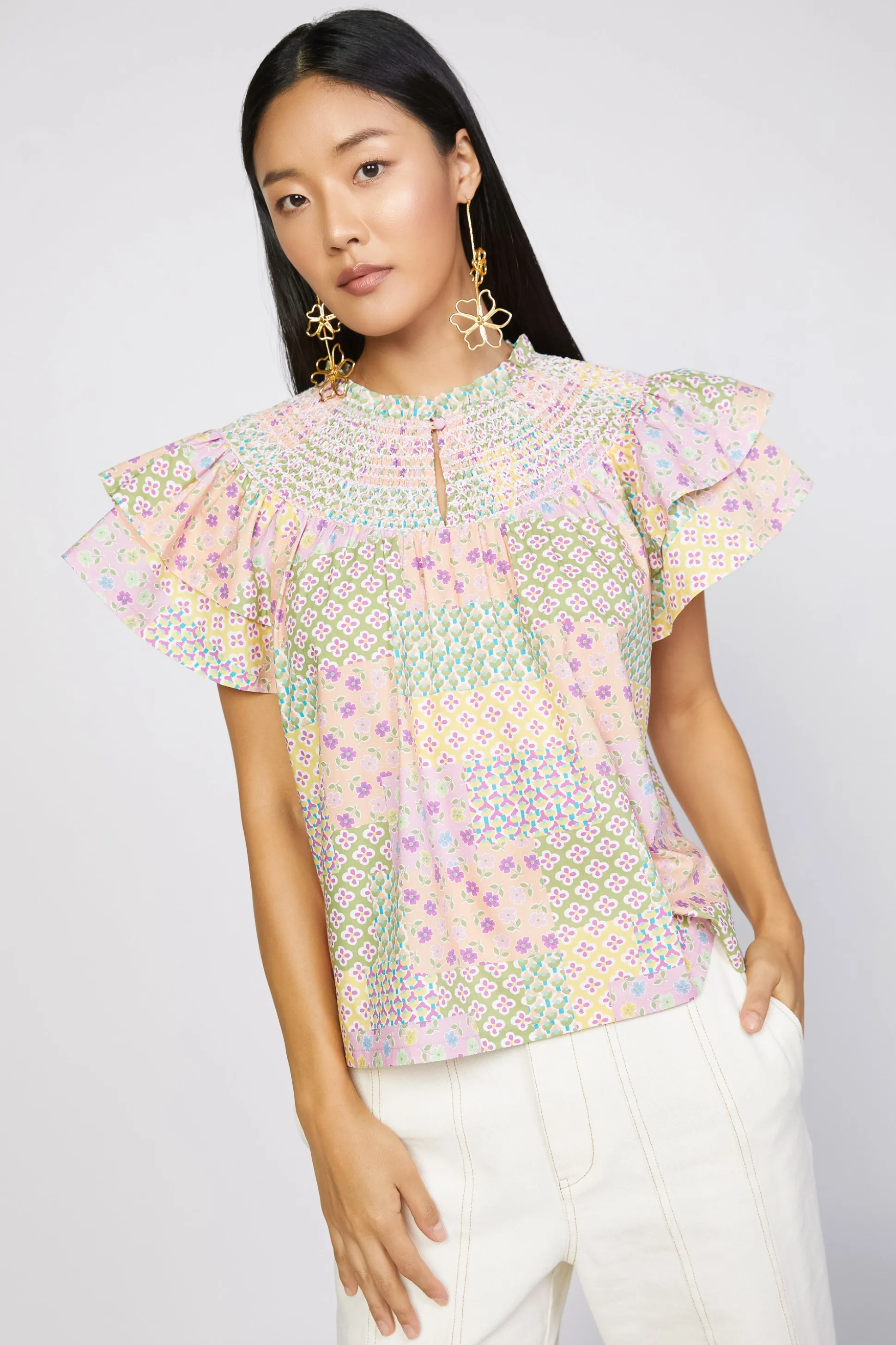 Patchwork Flutter Sleeve Top<Current Air Outlet