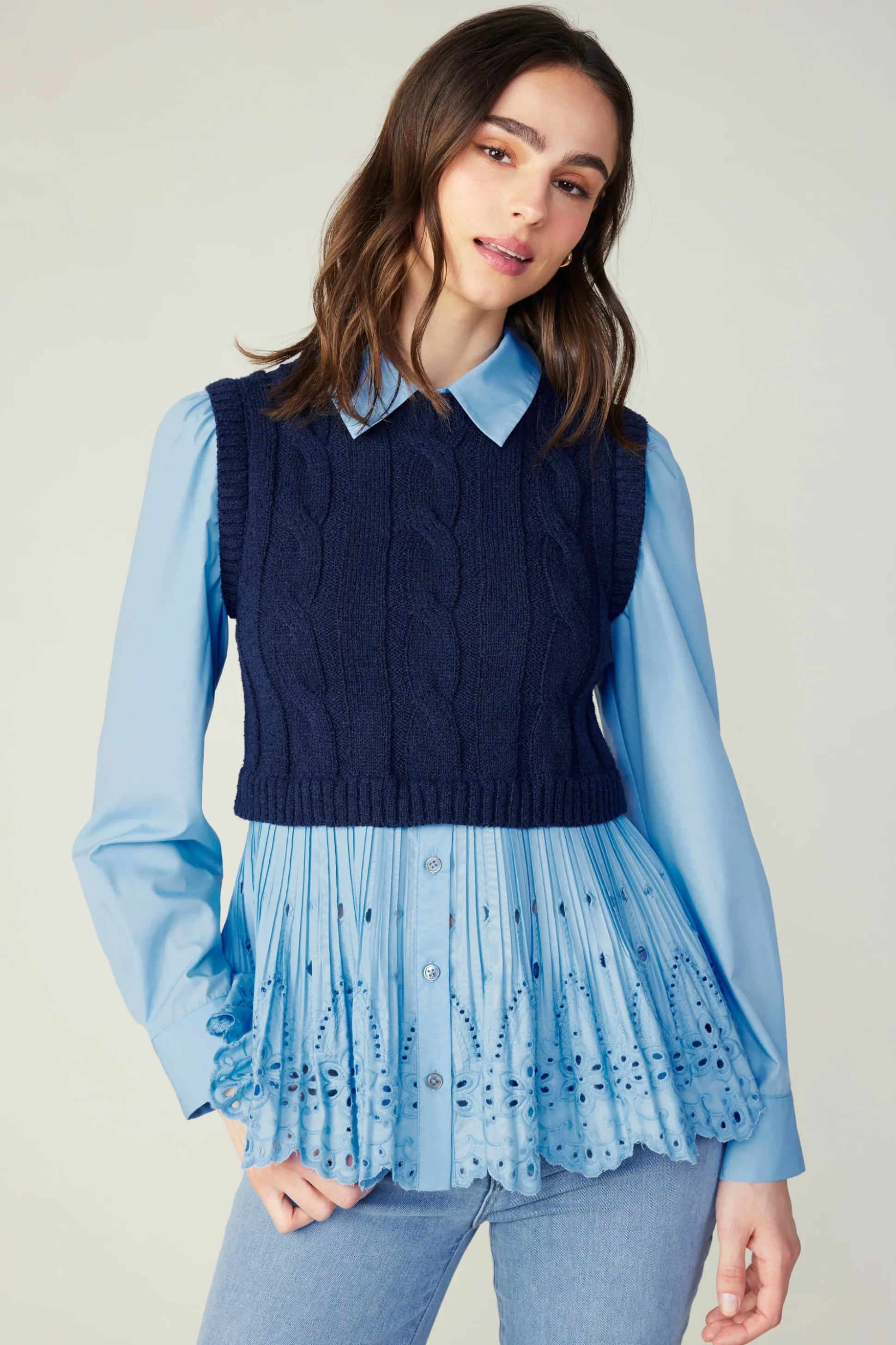 Contrast Knit Eyelet Top<Current Air Fashion