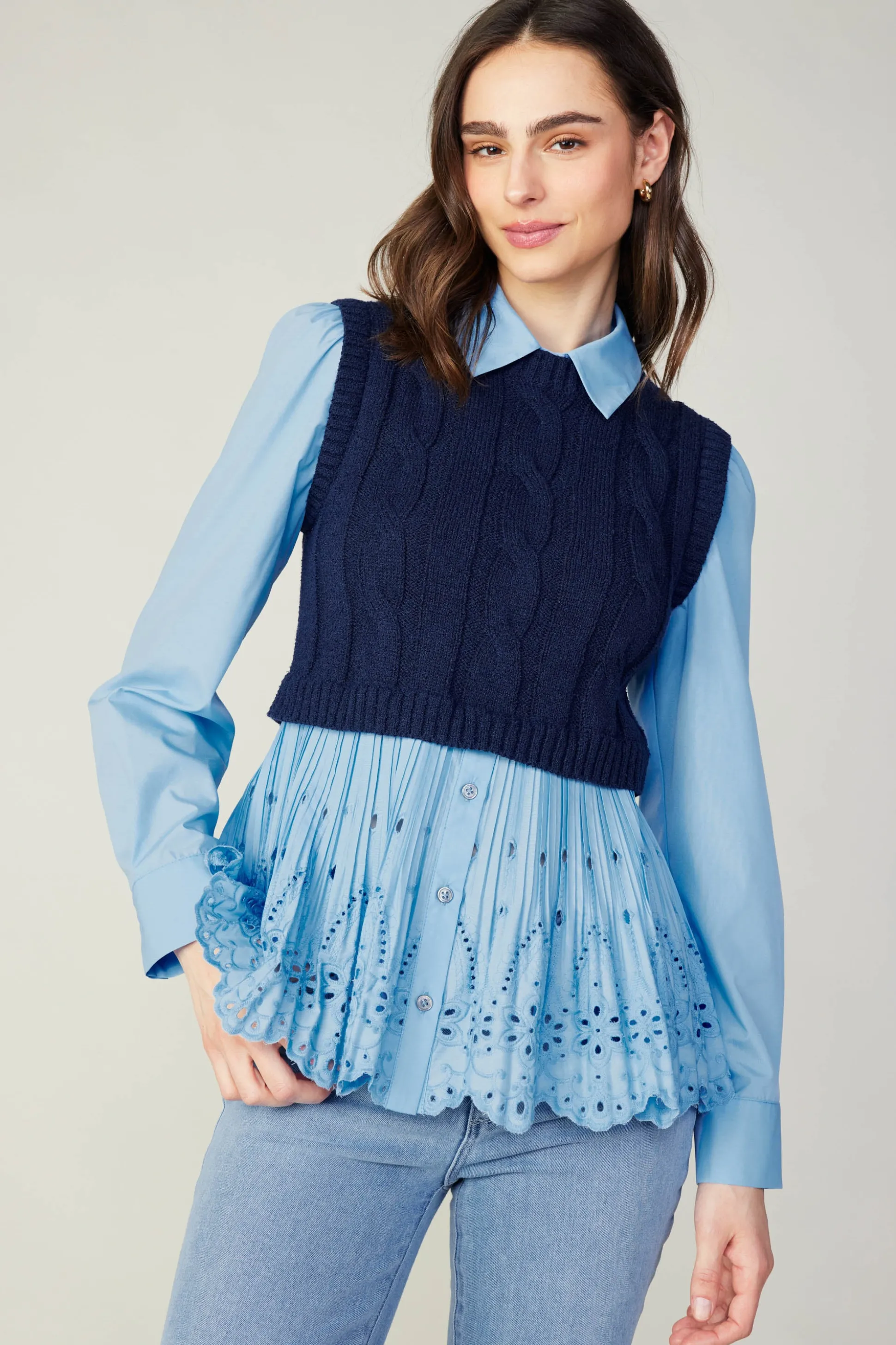 Contrast Knit Eyelet Top<Current Air Fashion