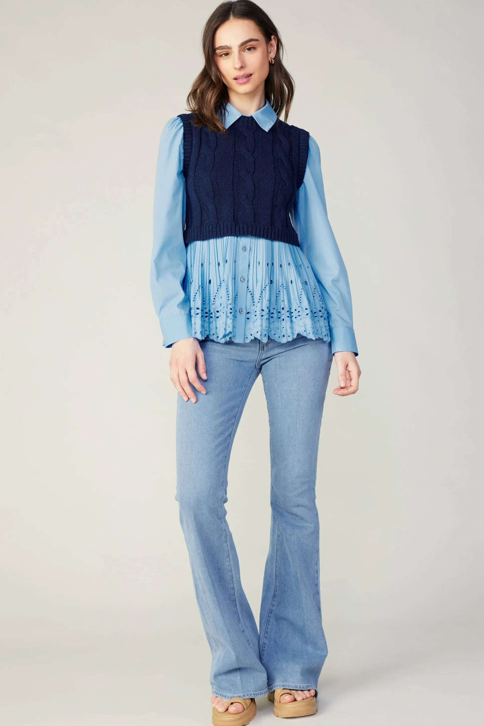 Contrast Knit Eyelet Top<Current Air Fashion