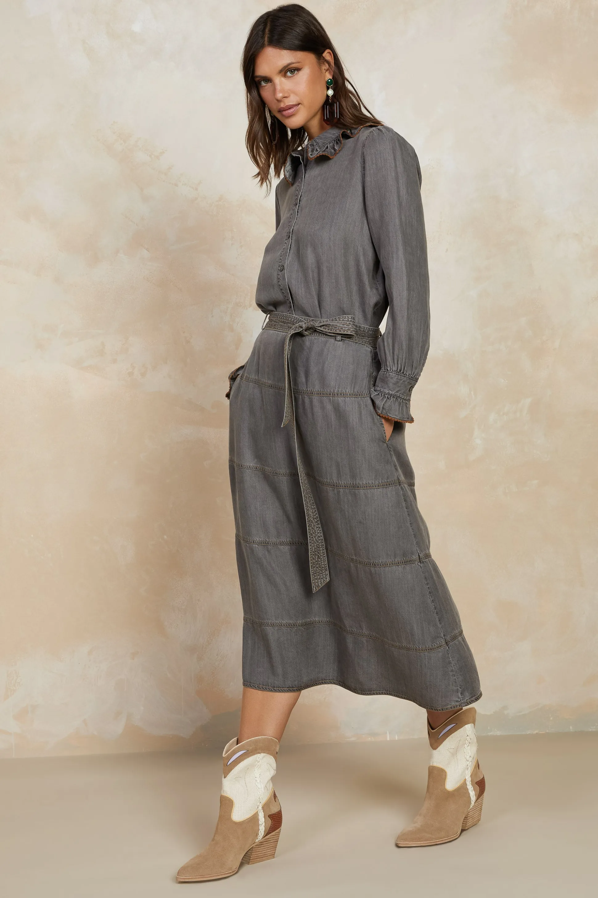 Belted Chambray Midi Skirt<Current Air Online