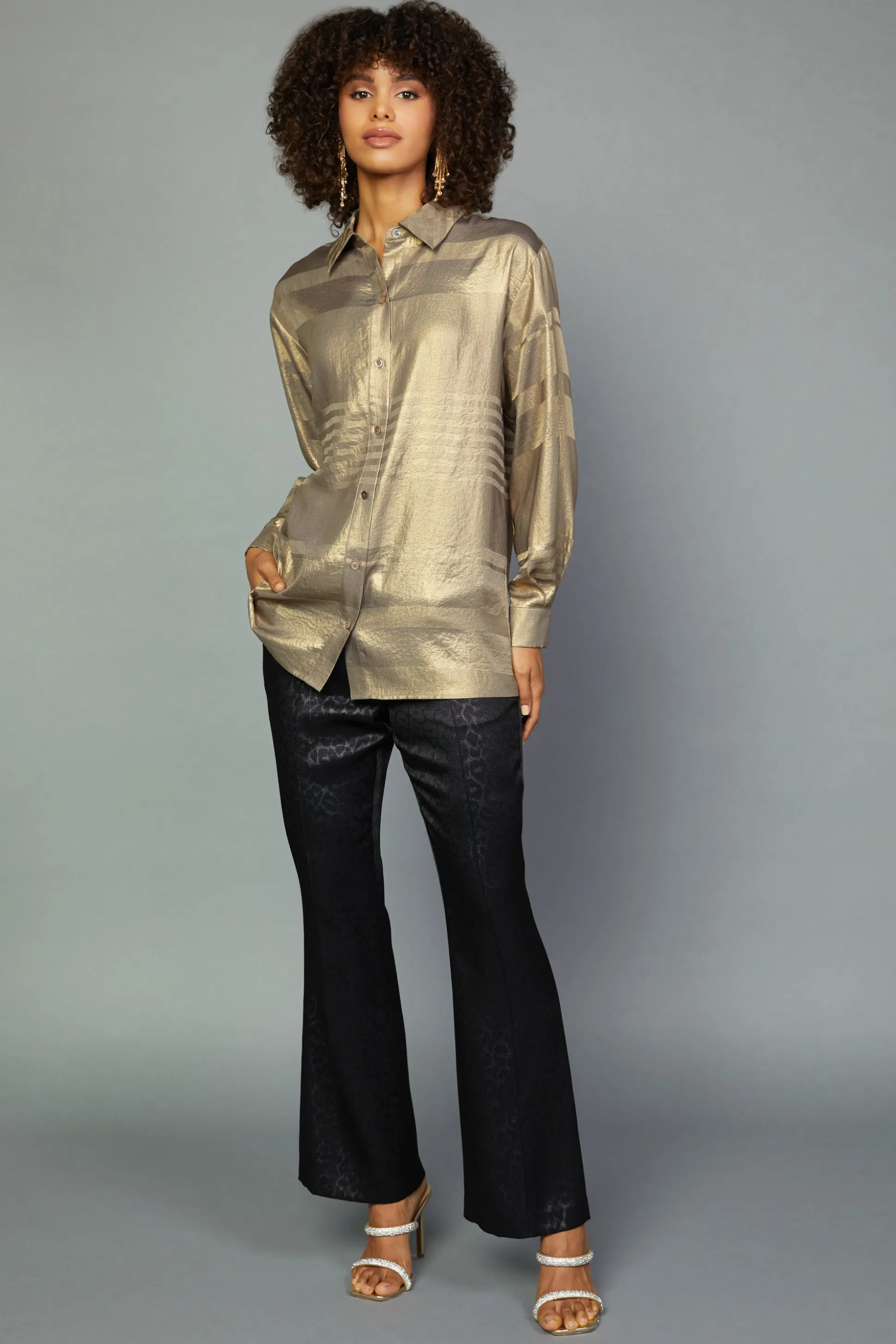 Metallic Button Down Top<Current Air Fashion