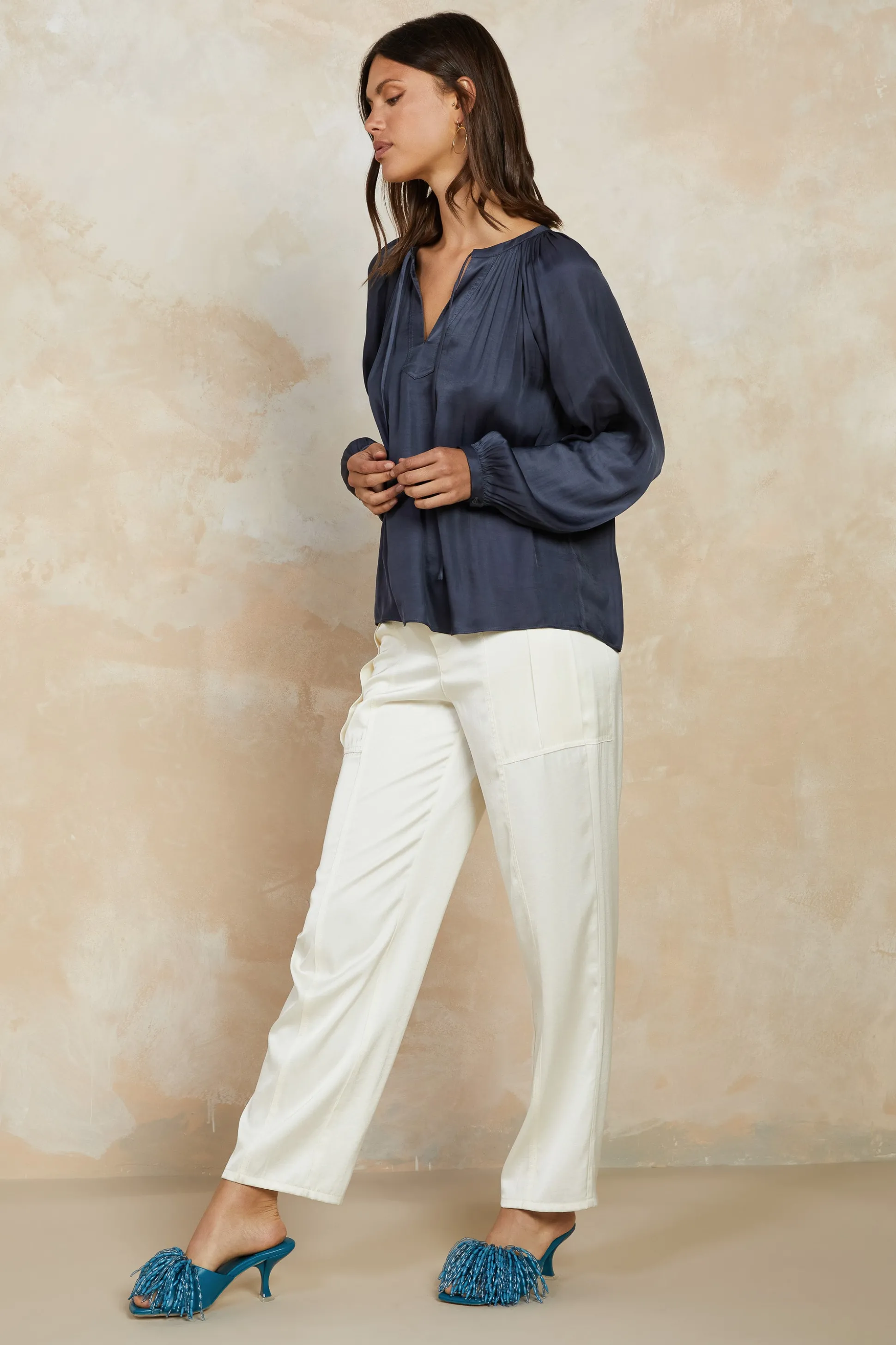 Split Neck Long Sleeve Top<Current Air Hot