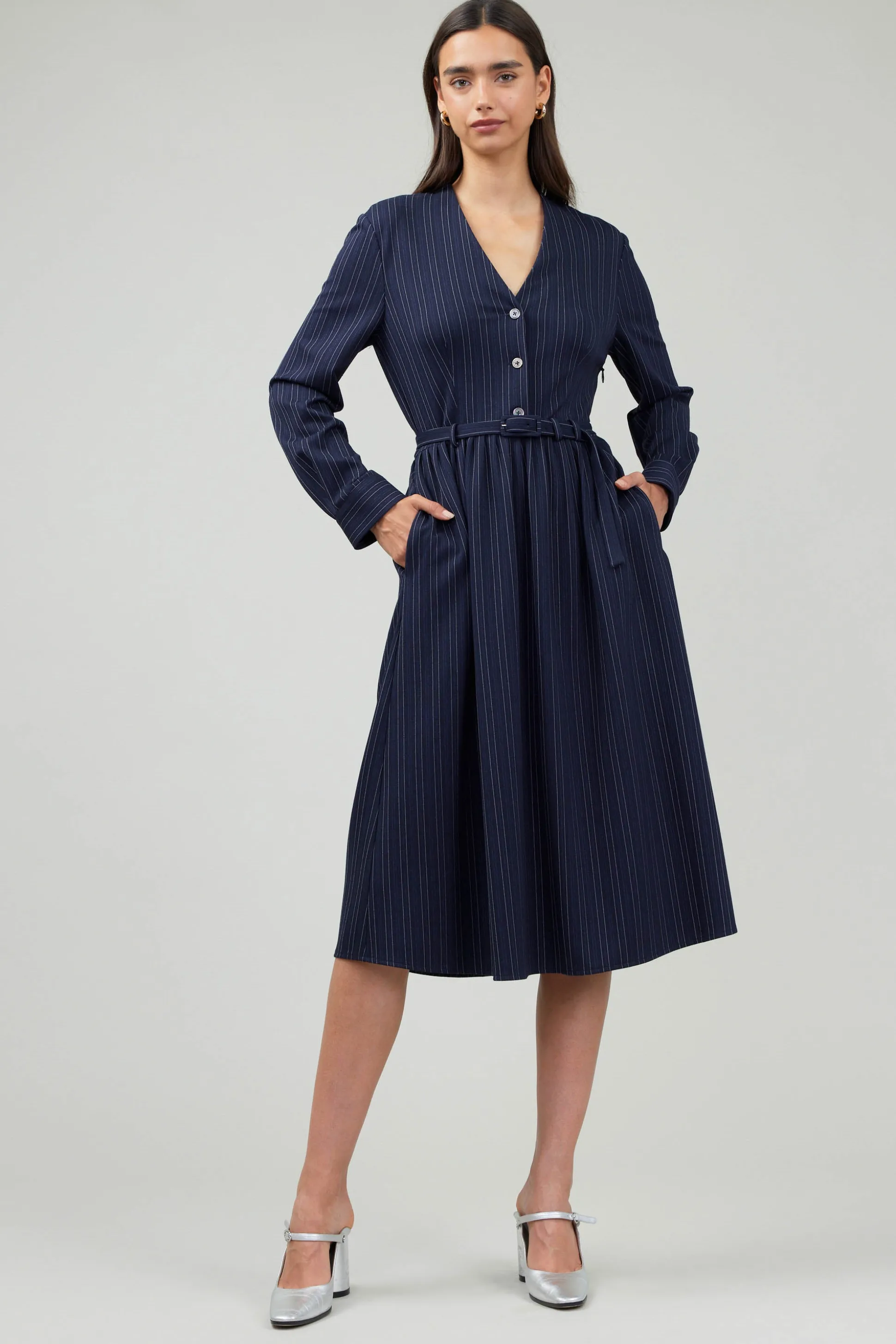 Pinstriped Buttondown Midi Dress<Current Air Clearance