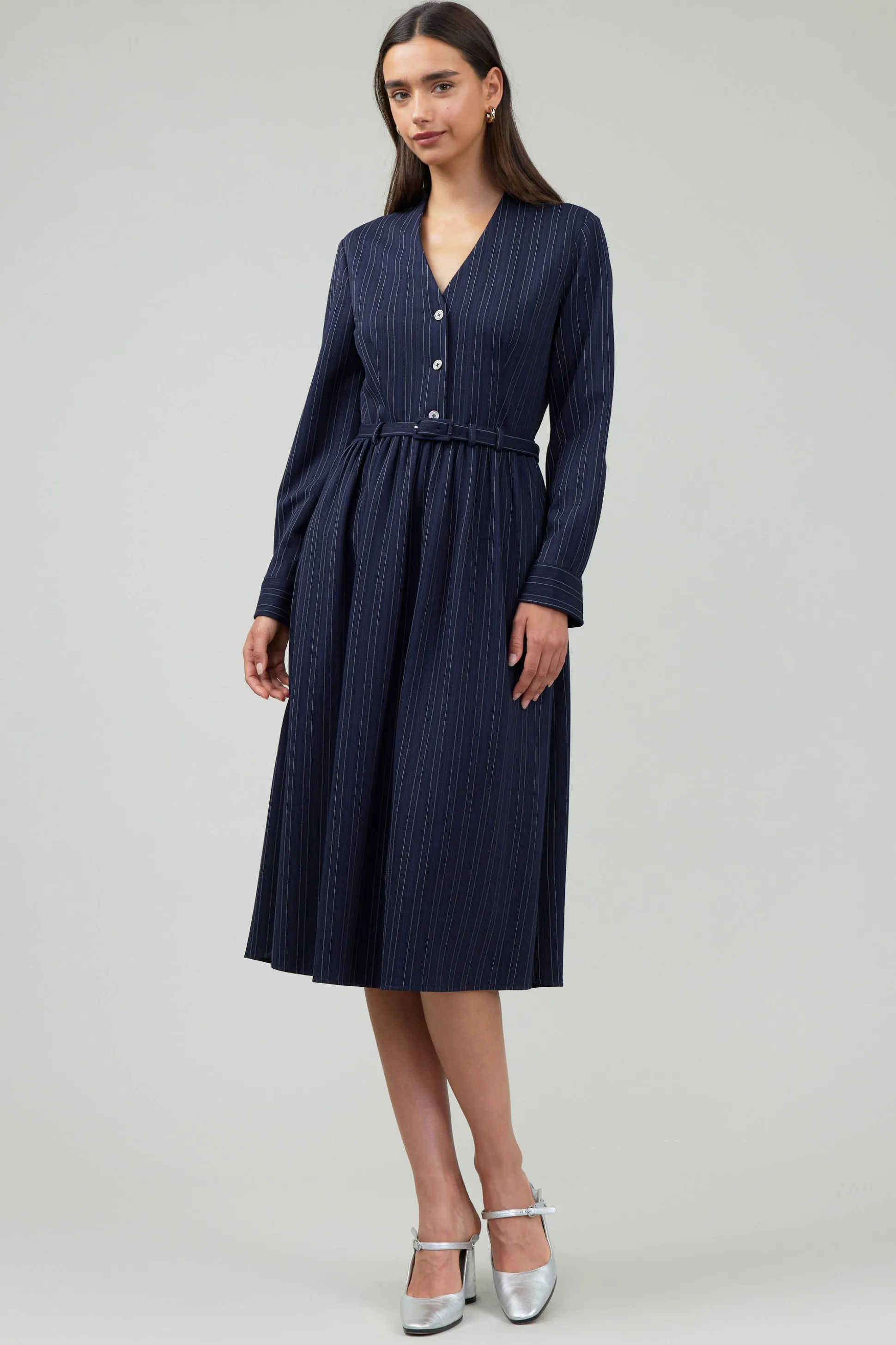 Pinstriped Buttondown Midi Dress<Current Air Clearance