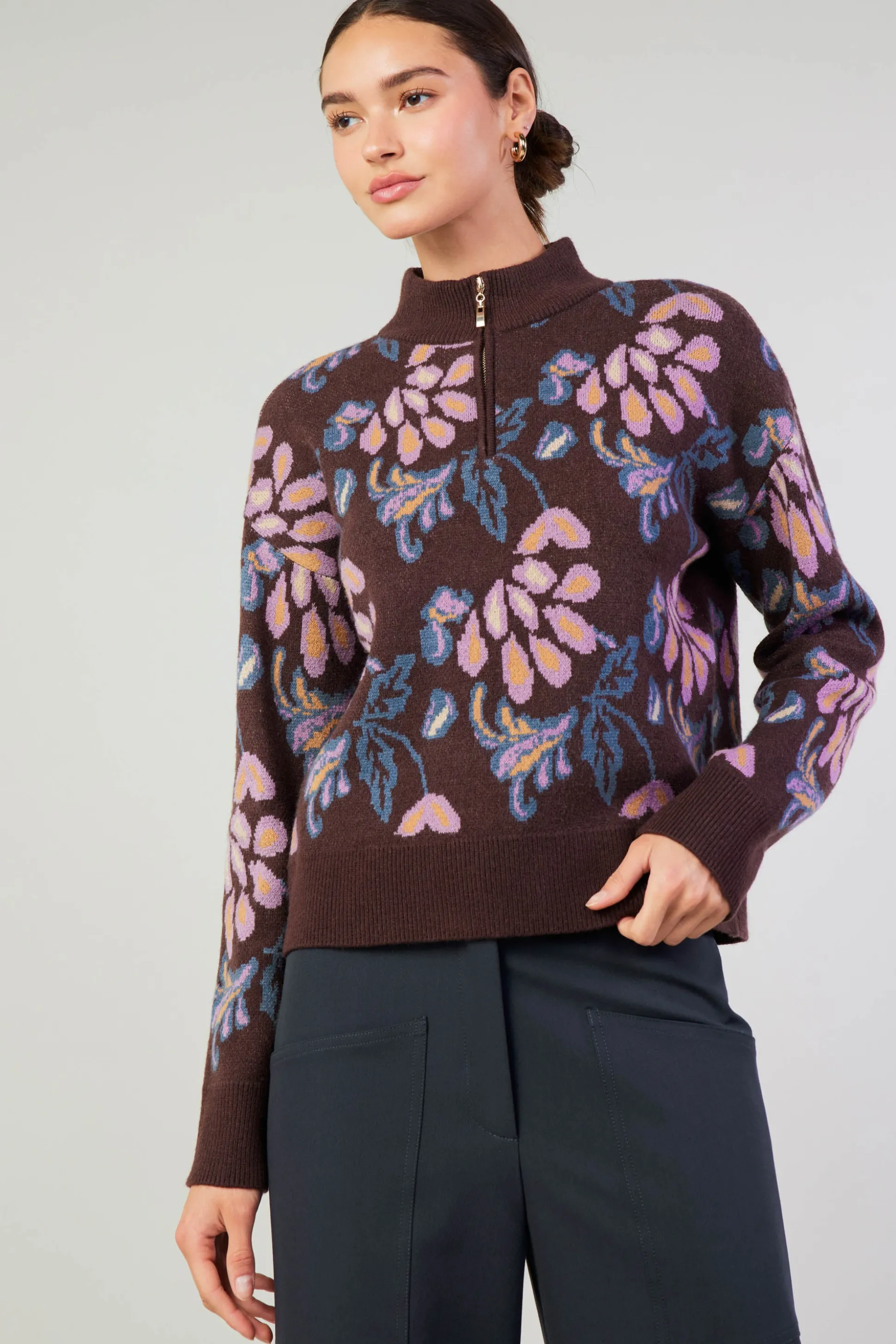 Floral Jacquard Zip Sweater<Current Air Discount