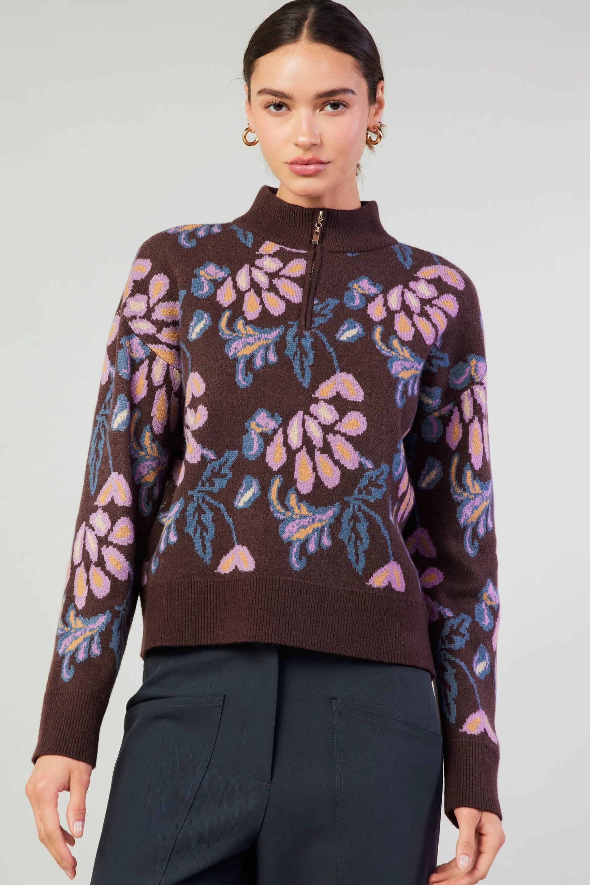 Floral Jacquard Zip Sweater<Current Air Discount