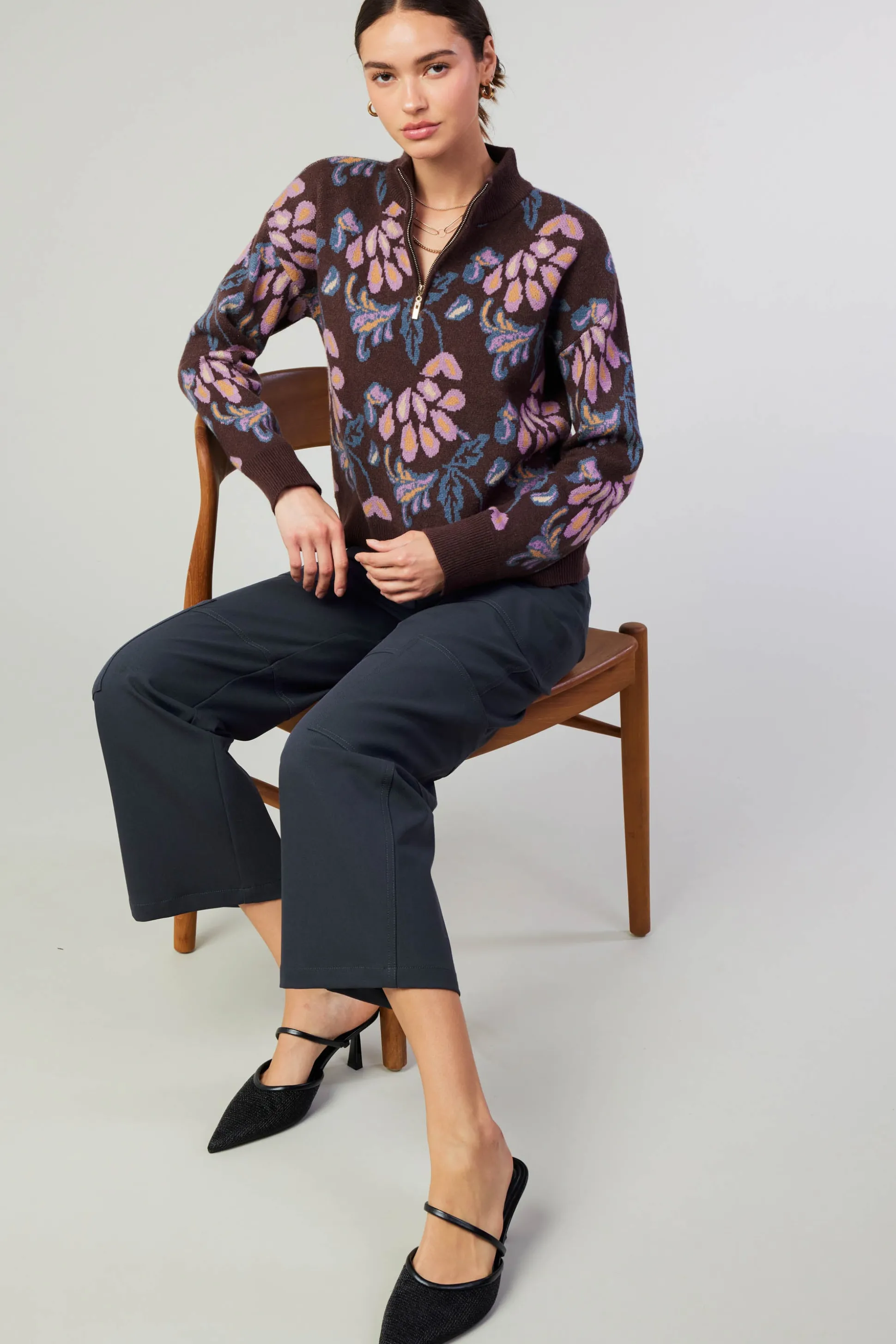 Floral Jacquard Zip Sweater<Current Air Discount