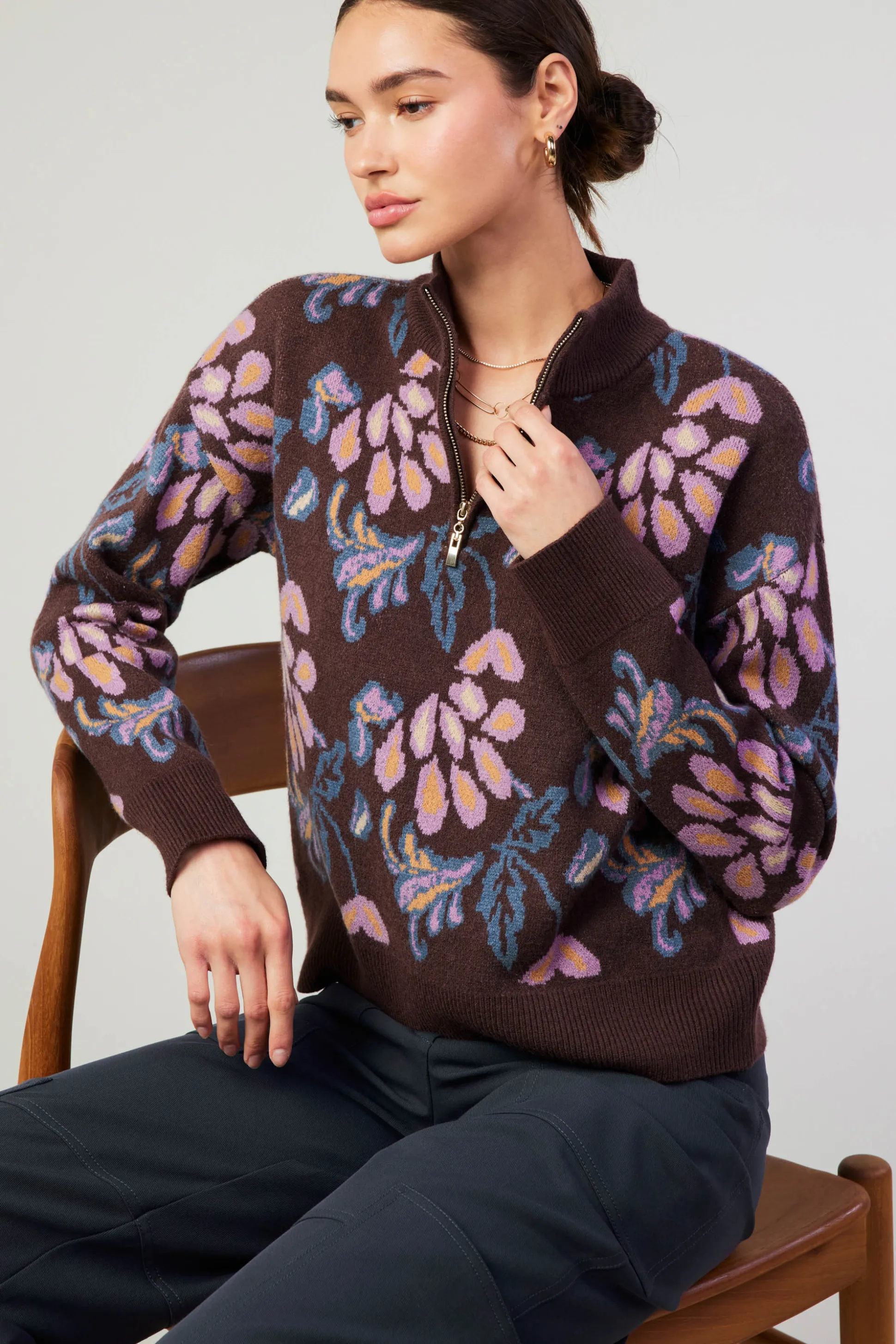 Floral Jacquard Zip Sweater<Current Air Discount