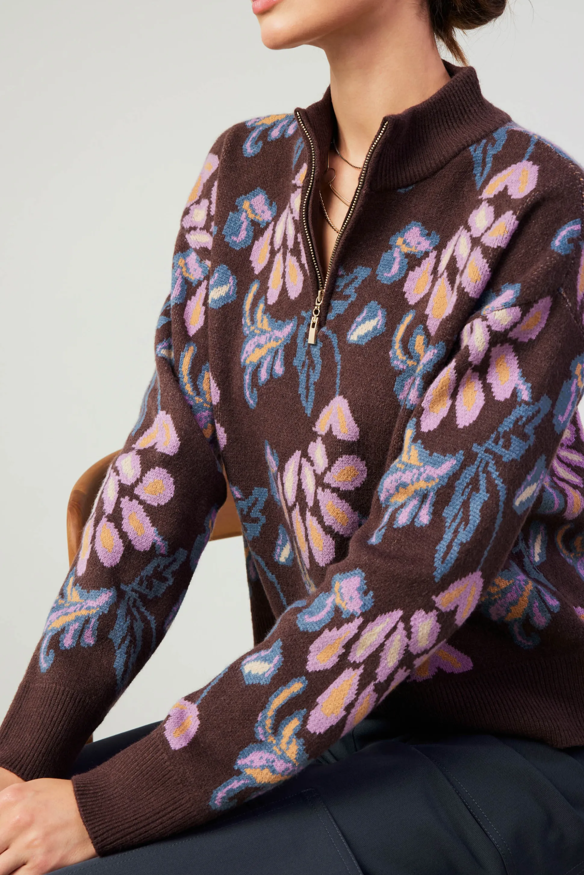 Floral Jacquard Zip Sweater<Current Air Discount
