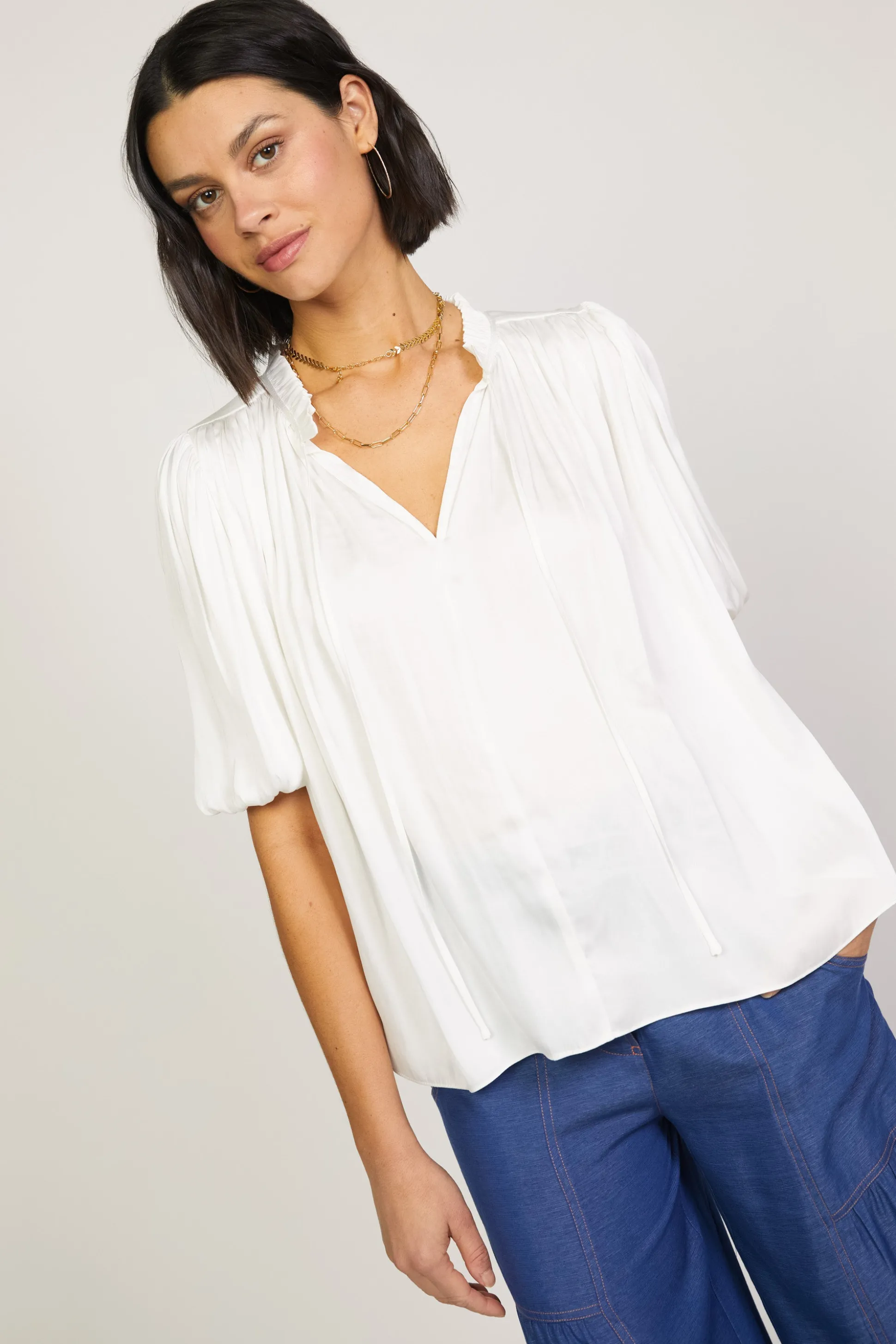 Pleated Puff Sleeve Blouse<Current Air Best