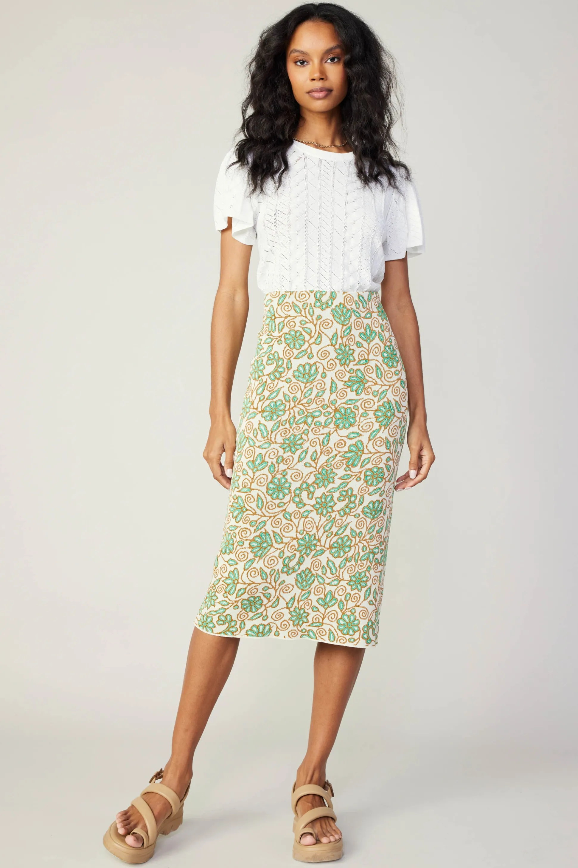 Floral Knit Midi Skirt<Current Air Best