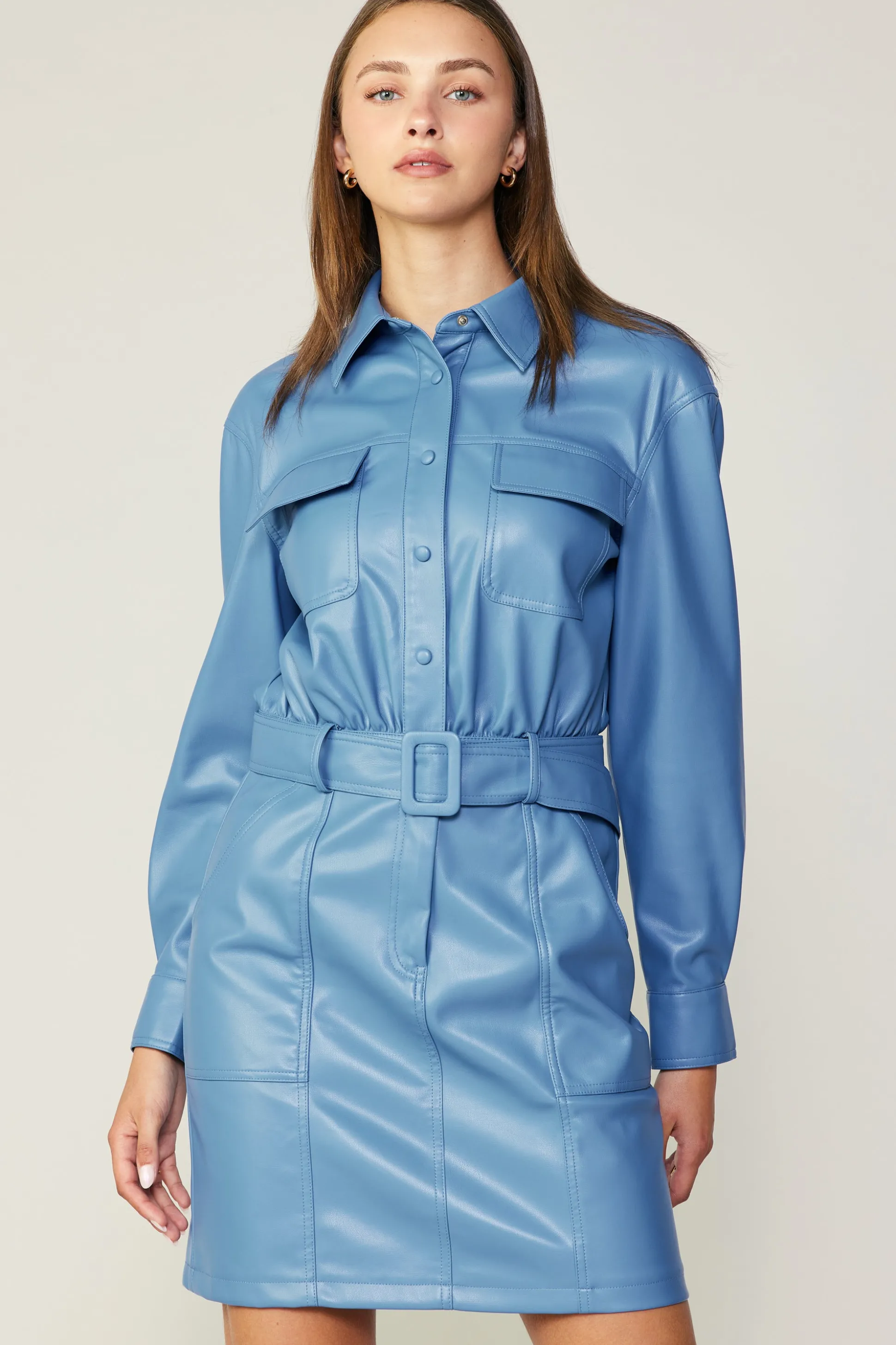 Vegan Leather Belted Shirt Dress<Current Air Outlet