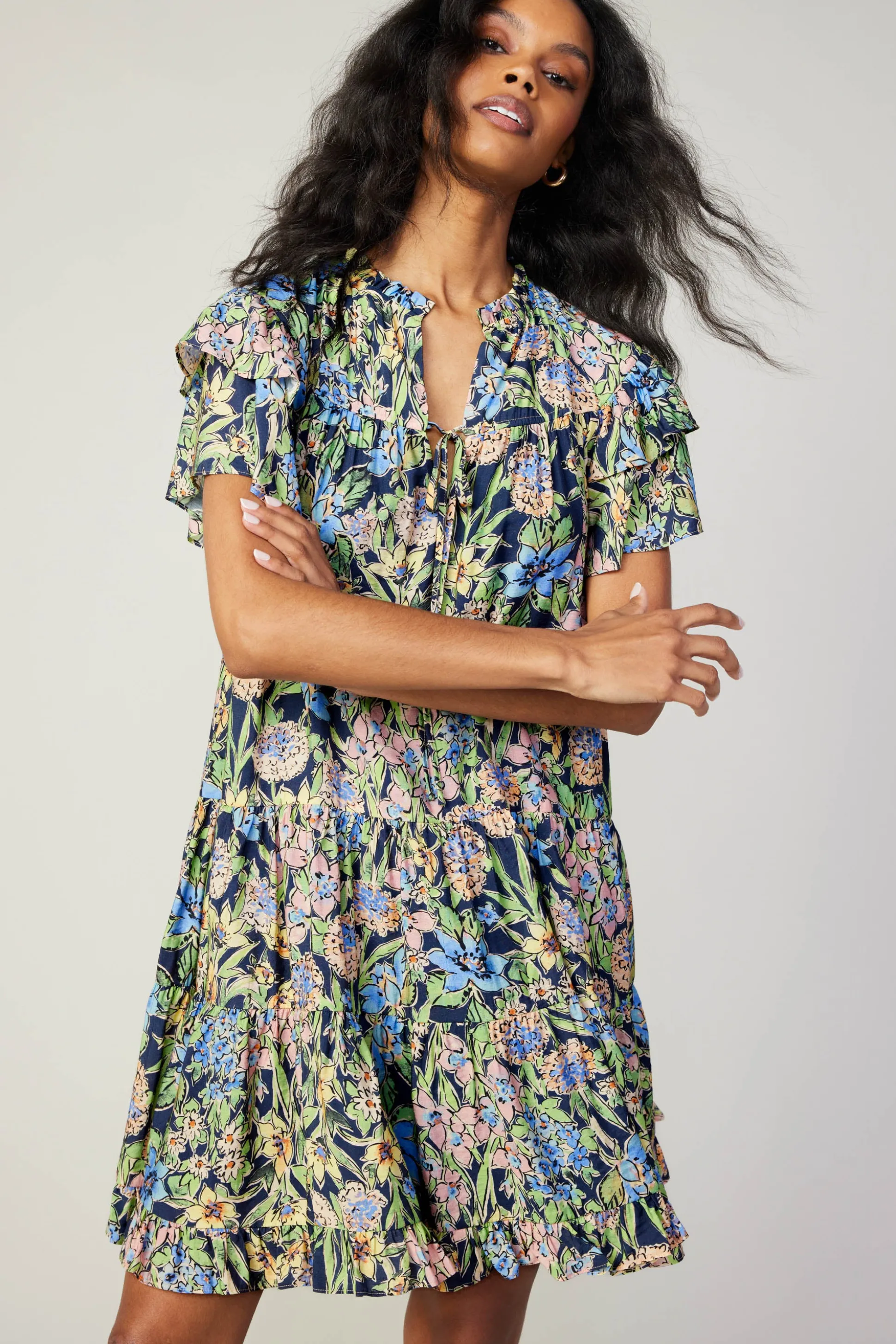 Flutter Sleeve Floral Print Dress<Current Air Fashion