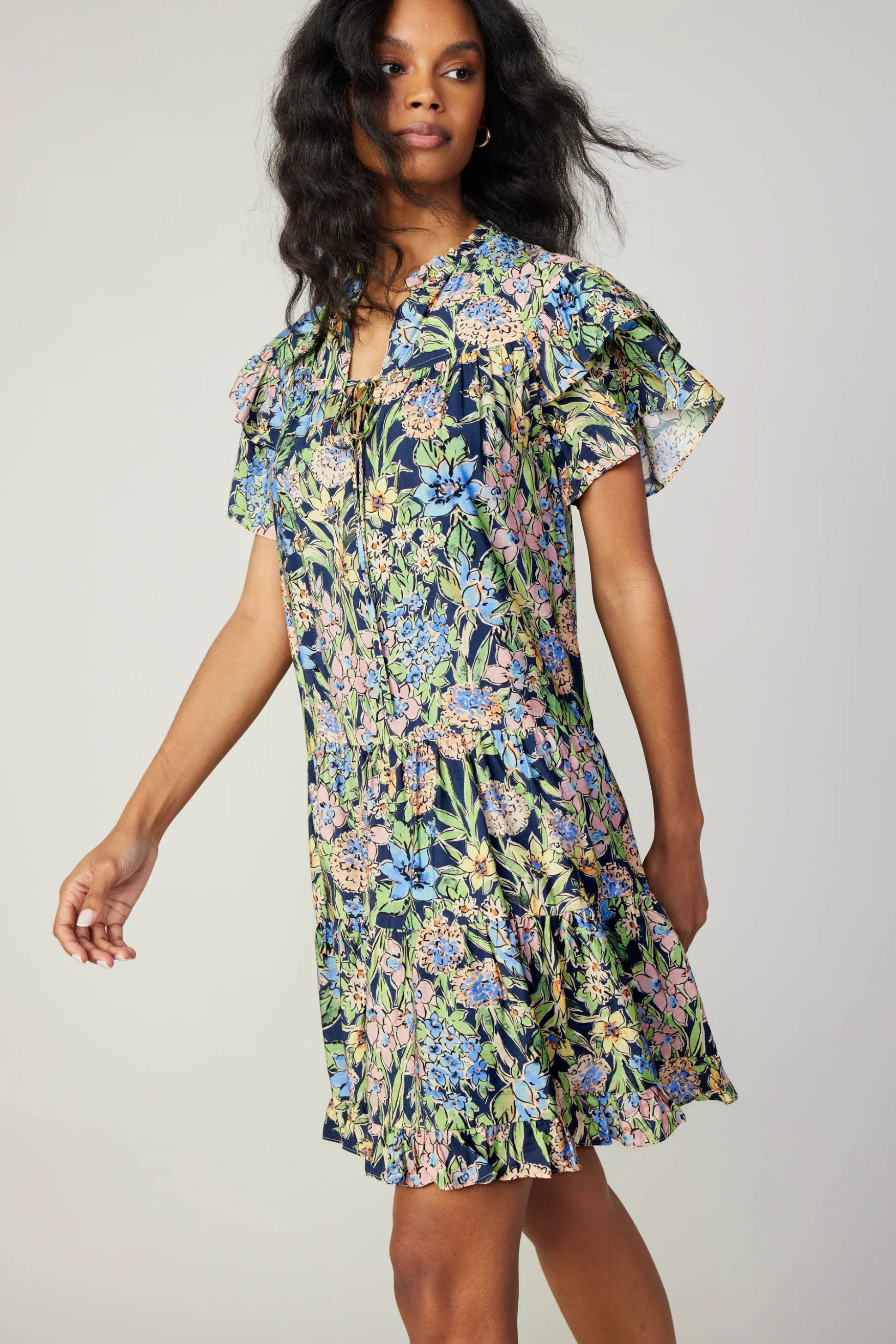 Flutter Sleeve Floral Print Dress<Current Air Fashion