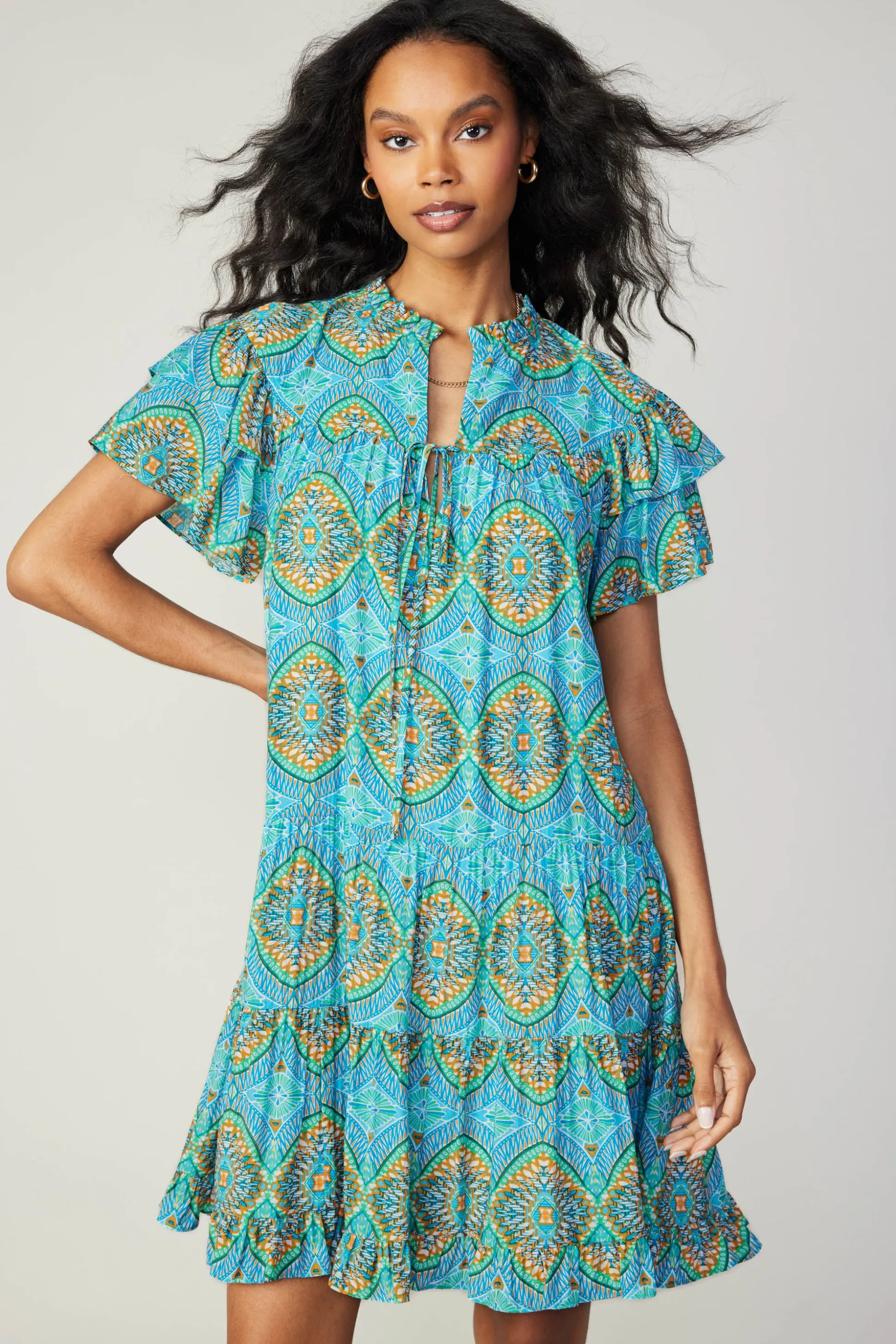 Flutter Sleeve Geo Print Dress<Current Air Fashion