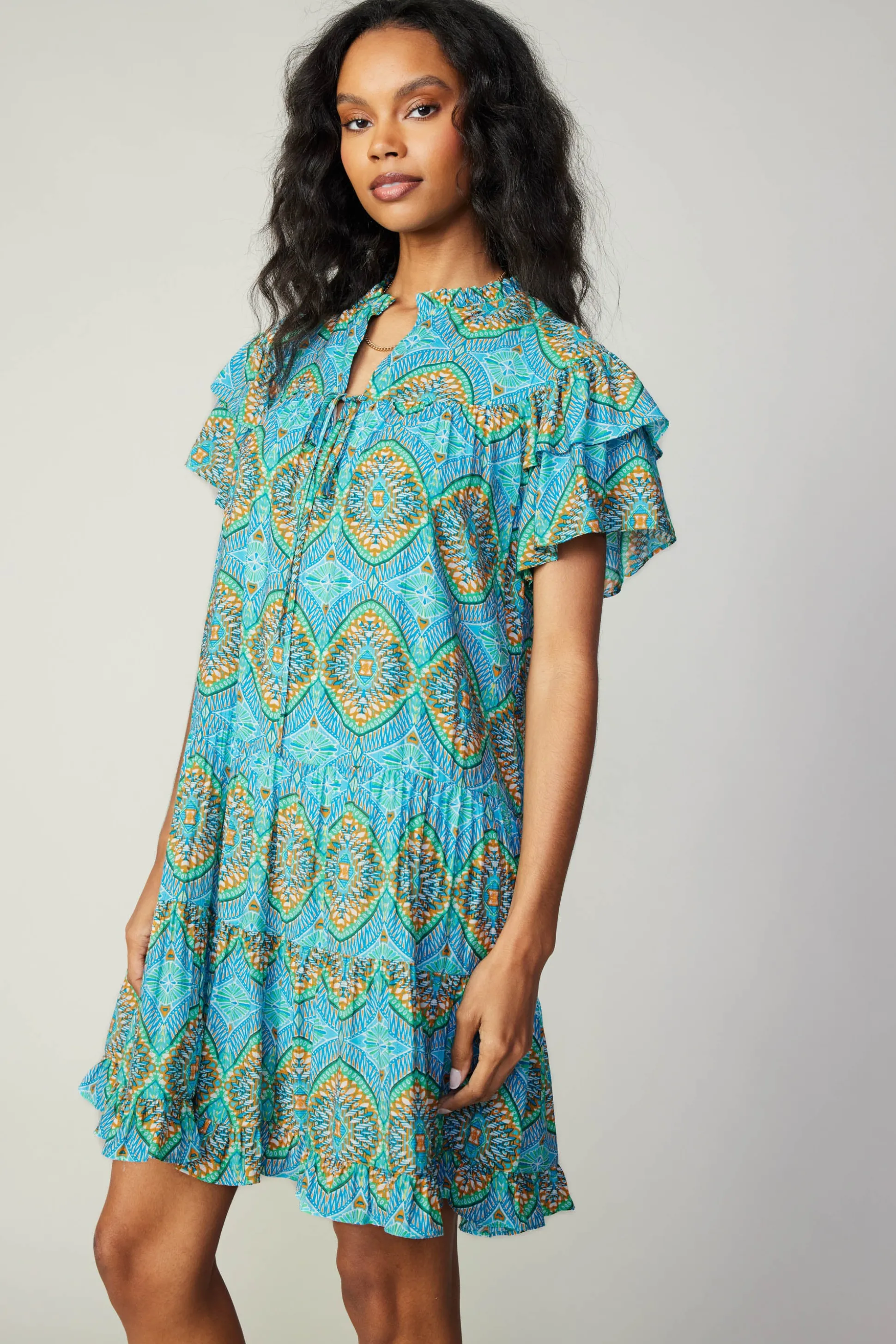 Flutter Sleeve Geo Print Dress<Current Air Fashion