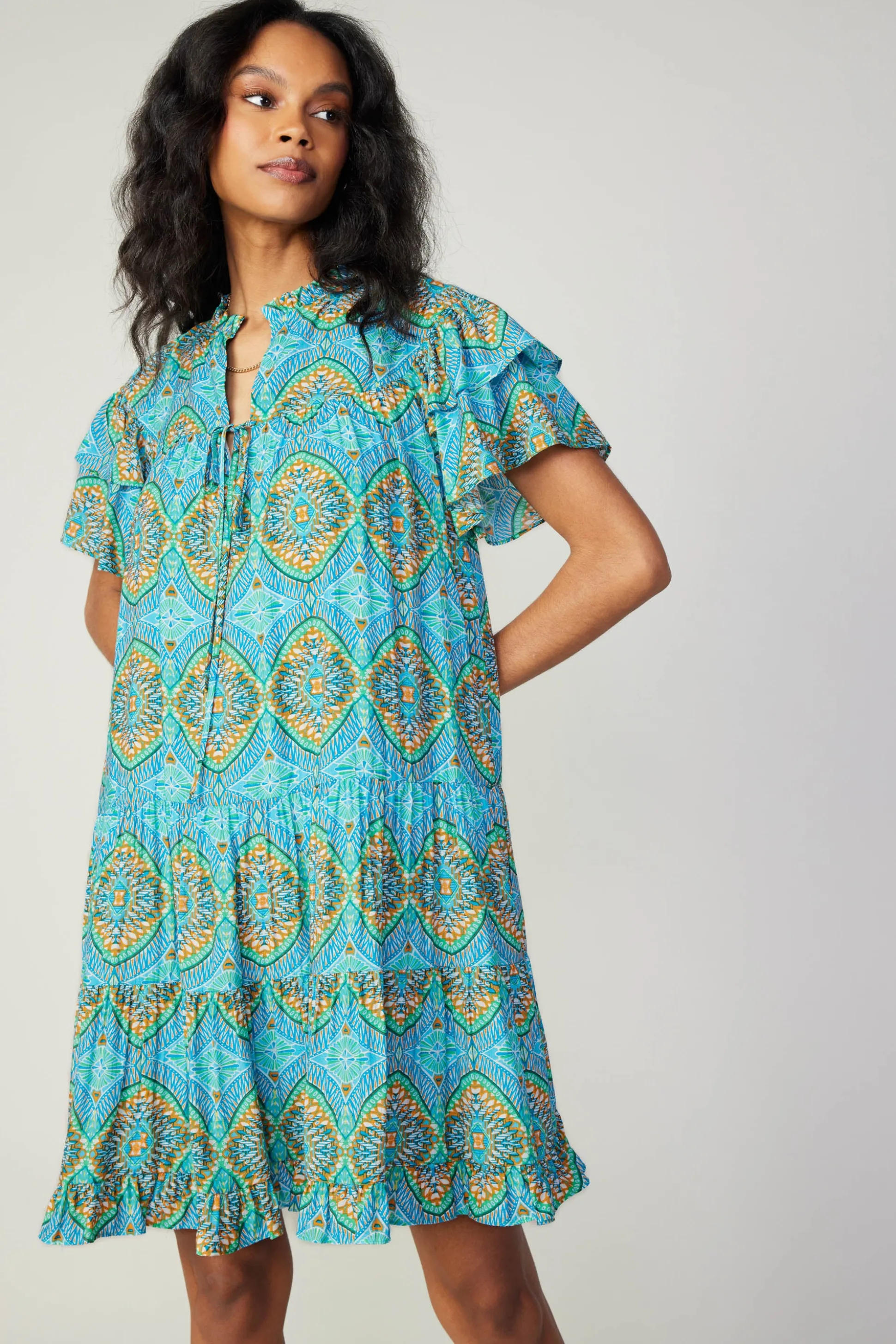 Flutter Sleeve Geo Print Dress<Current Air Fashion