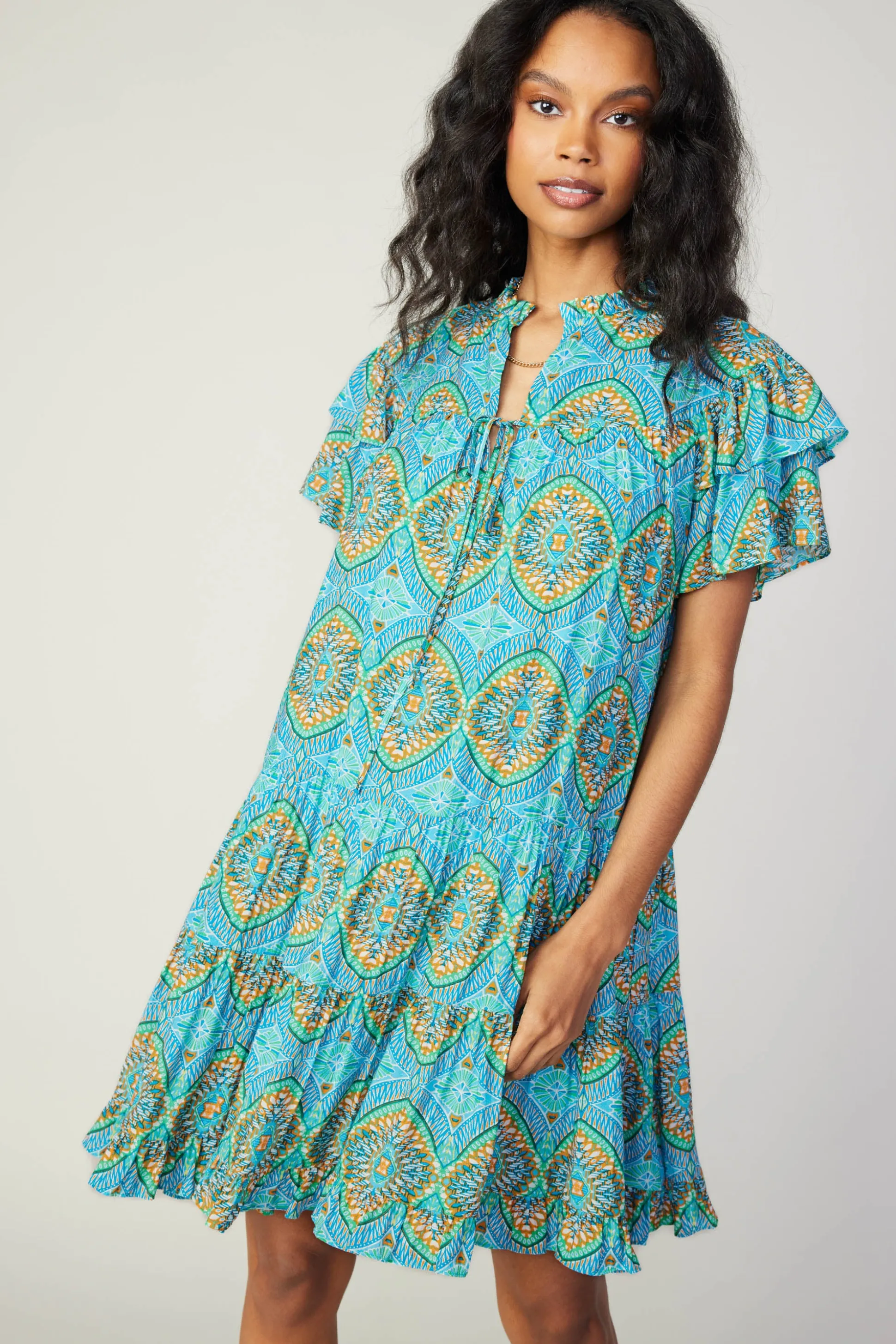 Flutter Sleeve Geo Print Dress<Current Air Fashion