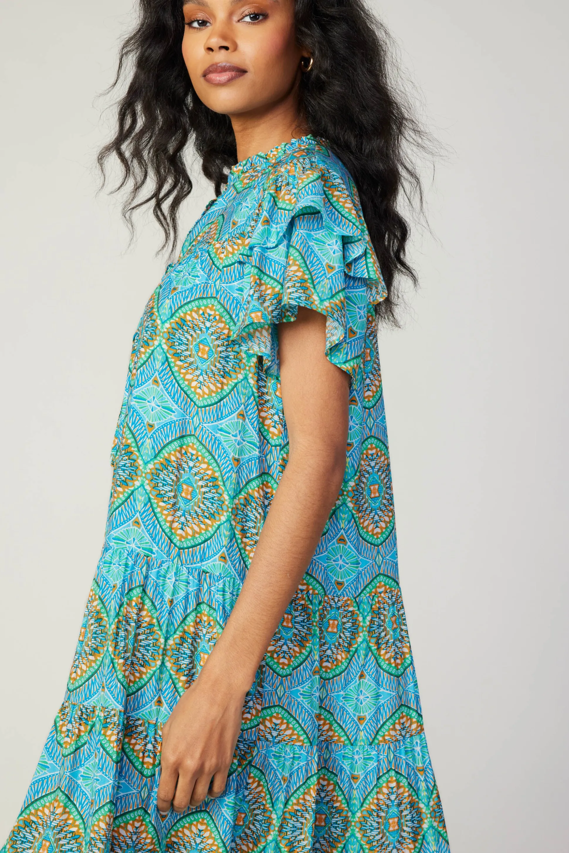 Flutter Sleeve Geo Print Dress<Current Air Fashion
