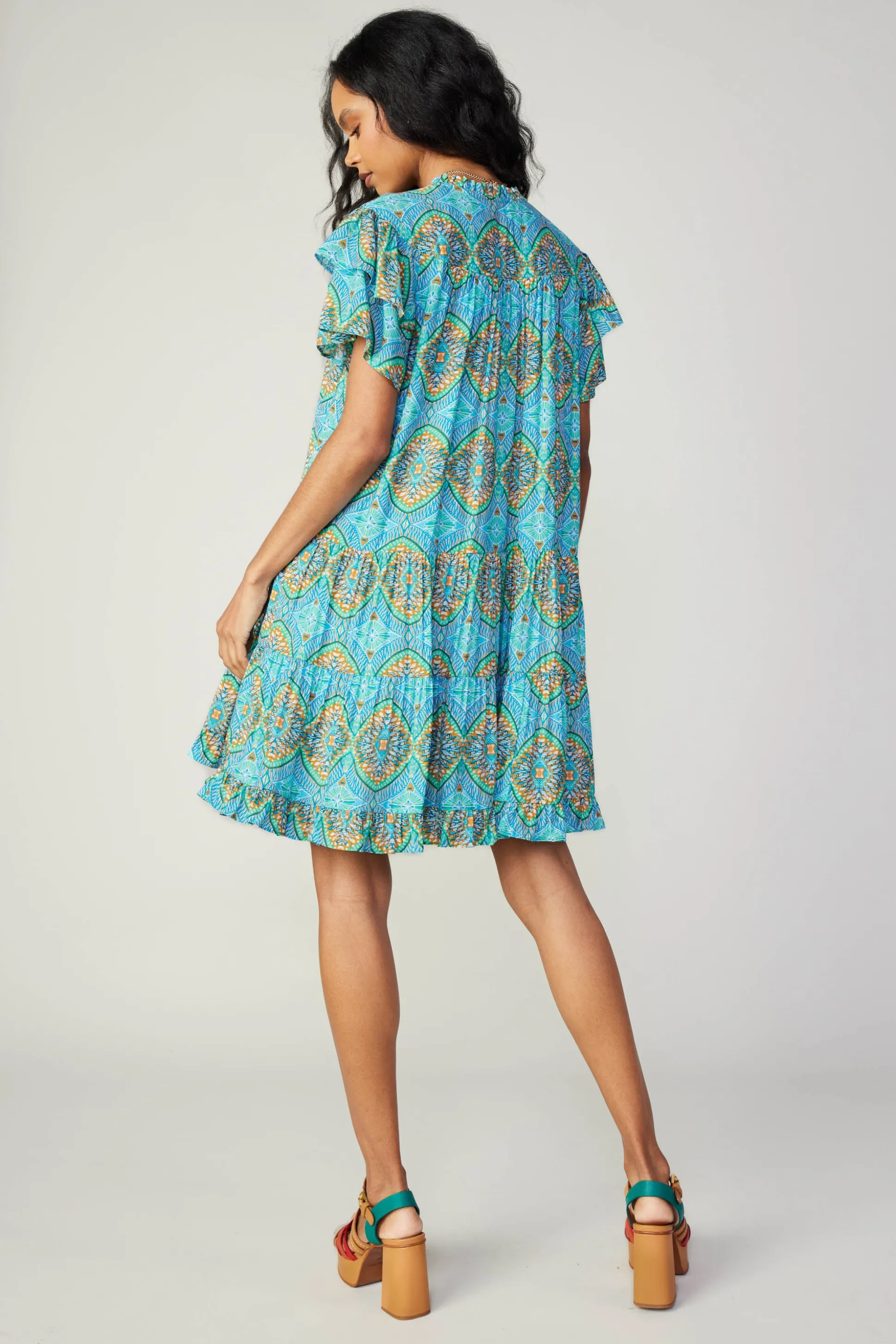 Flutter Sleeve Geo Print Dress<Current Air Fashion