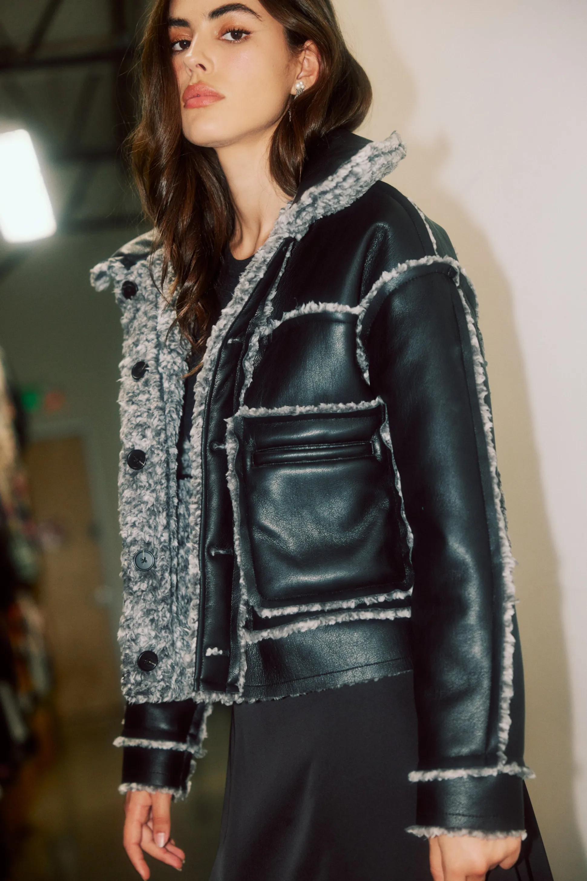 Reversible Vegan Leather Shearling Jacket<Current Air Outlet