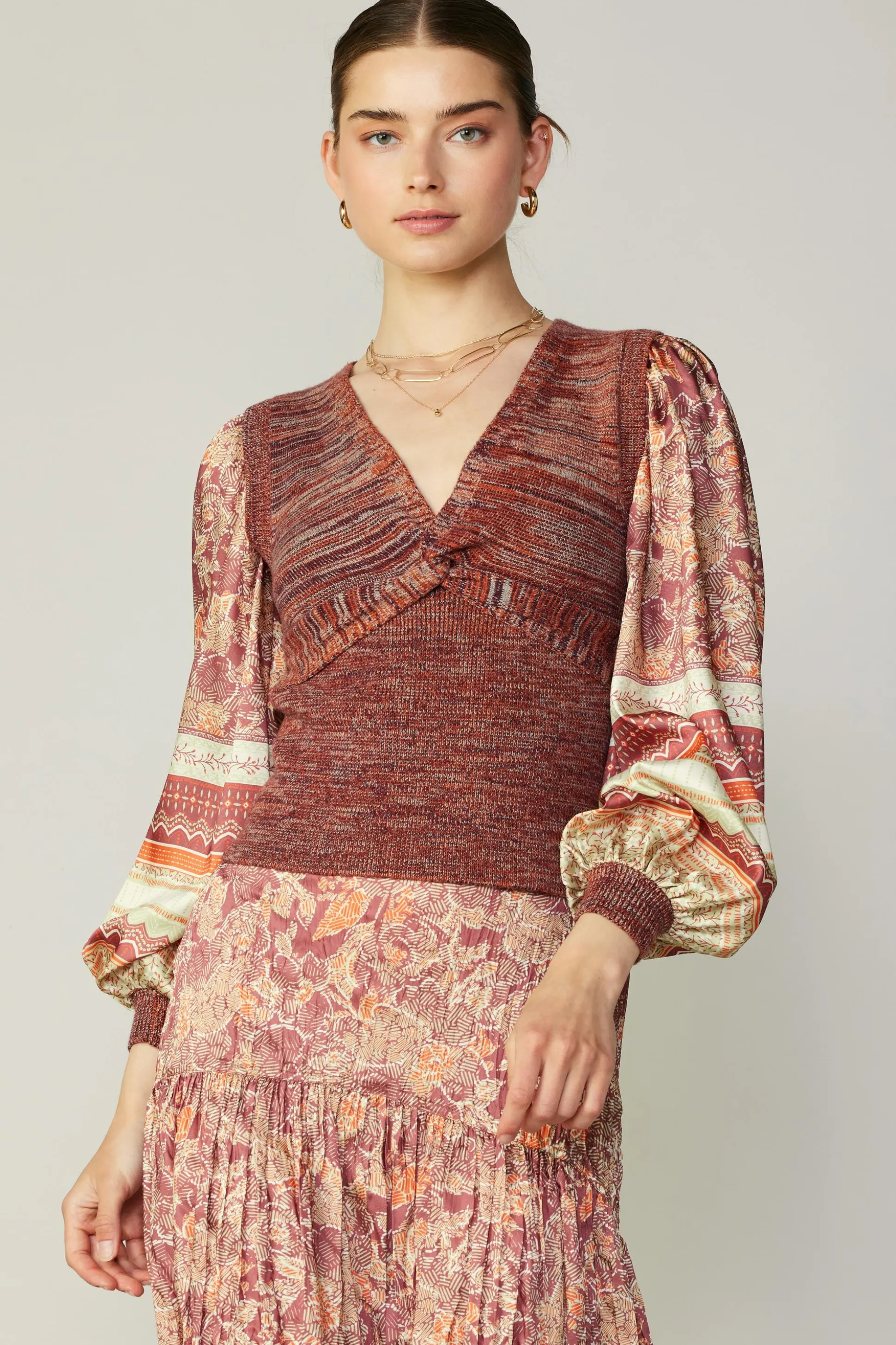 Contrast Sleeve Border Print Sweater<Current Air Discount