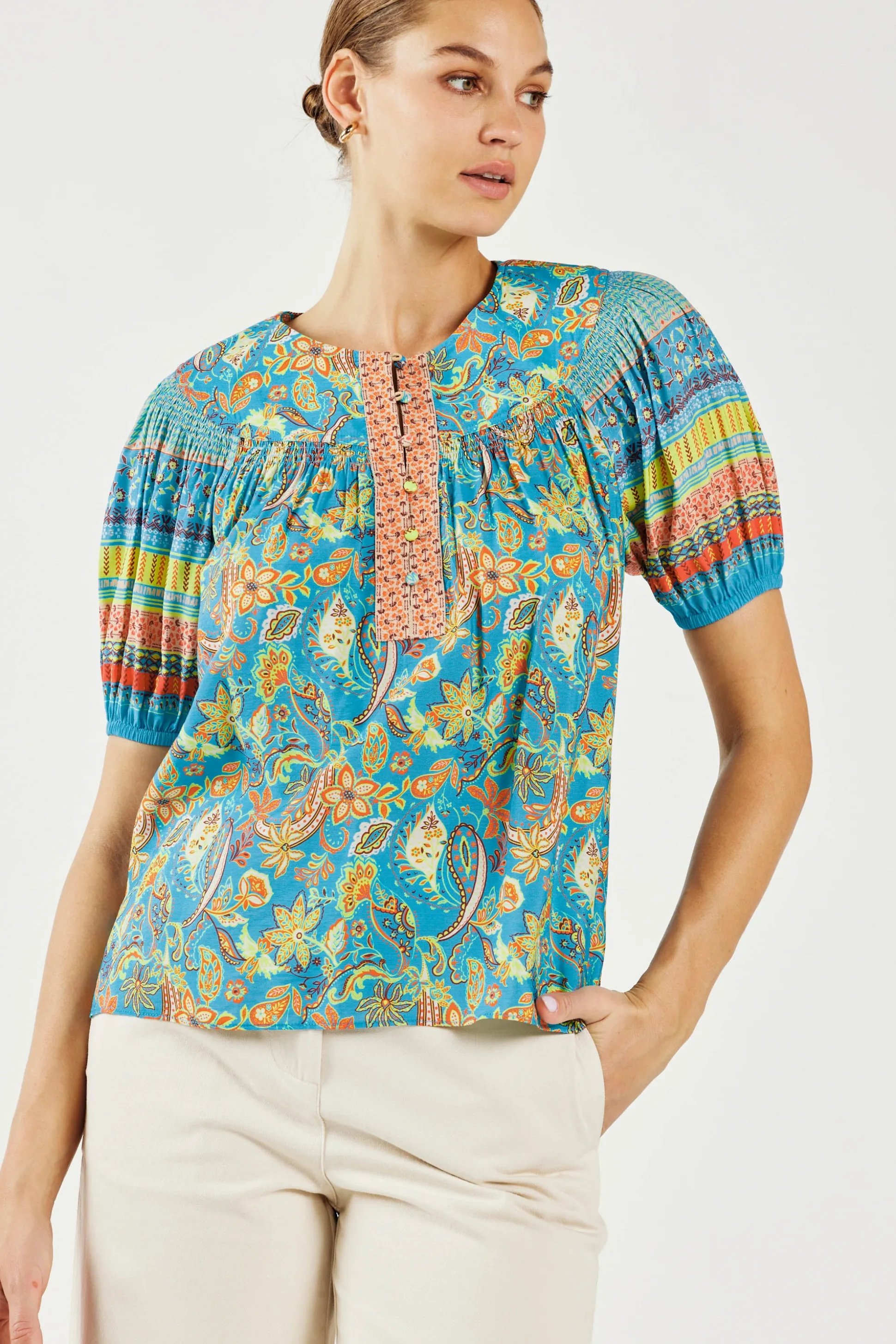 Paisley Border Print Top<Current Air Clearance